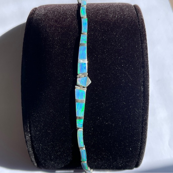 Vintage Blue Opal Mexico 950 Sterling Silver Inlaid Panel Bracelet Old! - Picture 2 of 11
